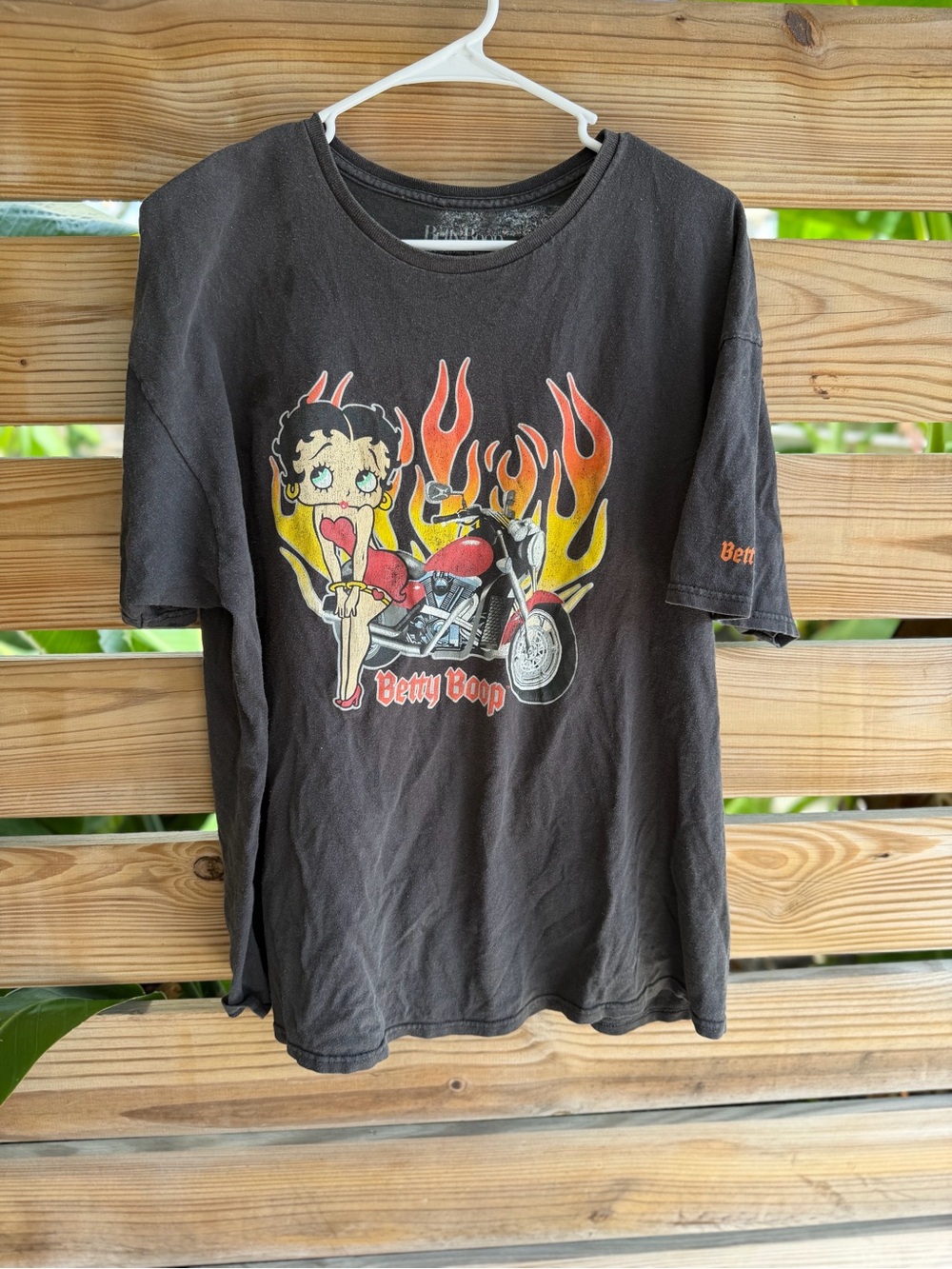 Betty Boop Black Graphic Tee with Motorcycle Flame Design